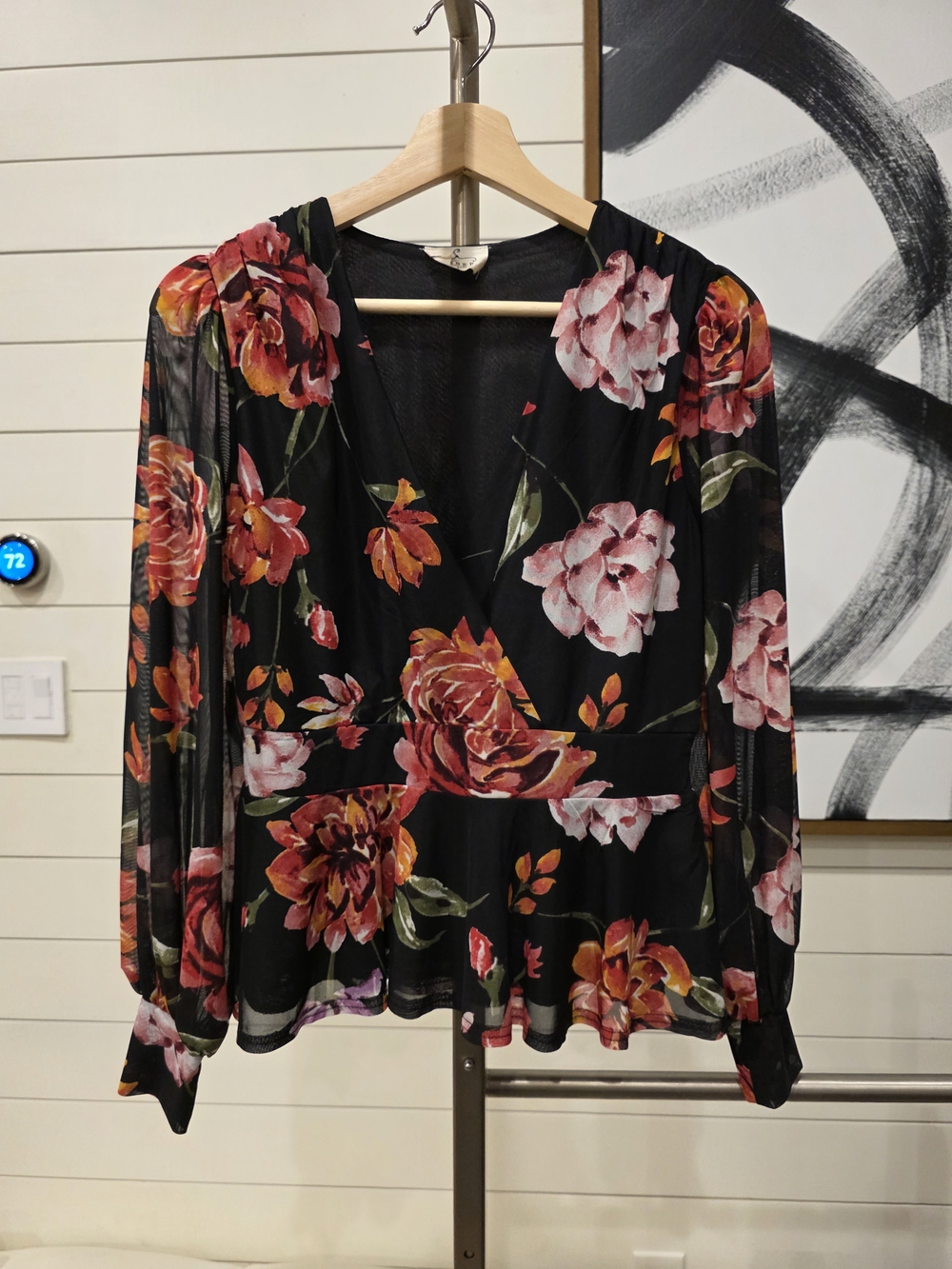 Black Floral V-Neck Blouse with Red and Pink Blooms